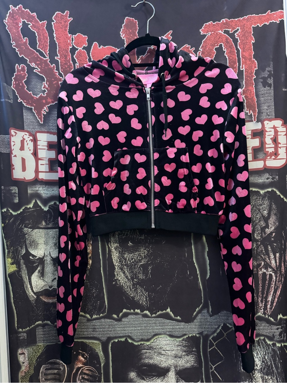 Sugar Thrillz Loyal Maneater Velour Black Zip-Up Hoodie with Pink Heart Print